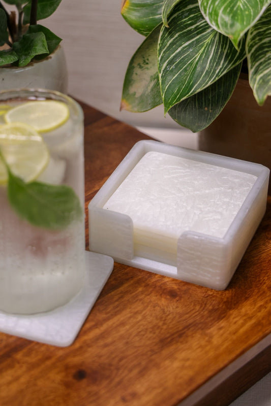 White Textured Square Coaster Set – 6 Pieces with stand