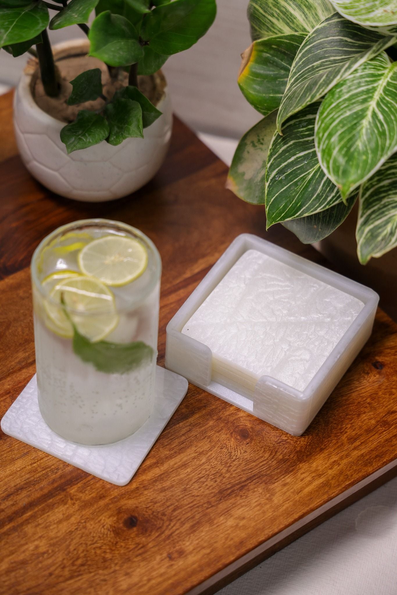 White Textured Square Coaster Set – 6 Pieces with stand